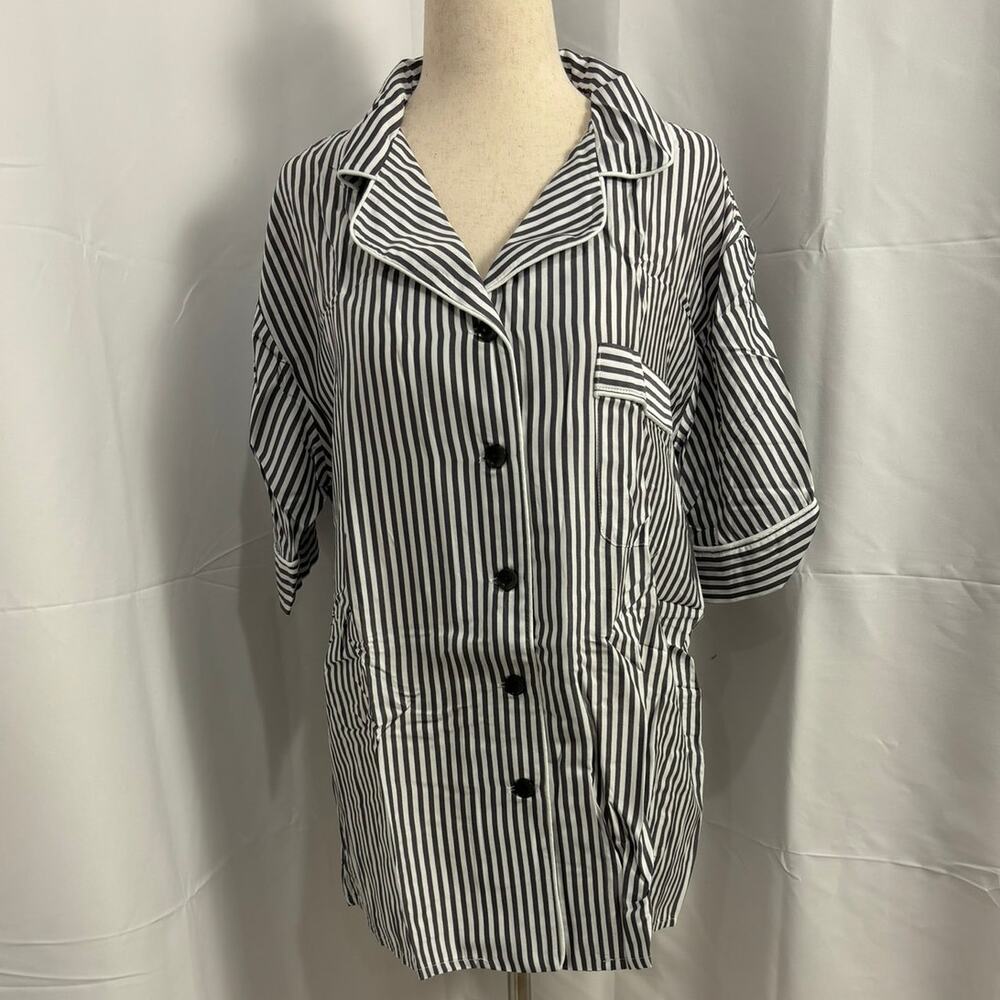 NWT Ettitude Sateen Short Sleeve PJ Shirt - Slate Stripes